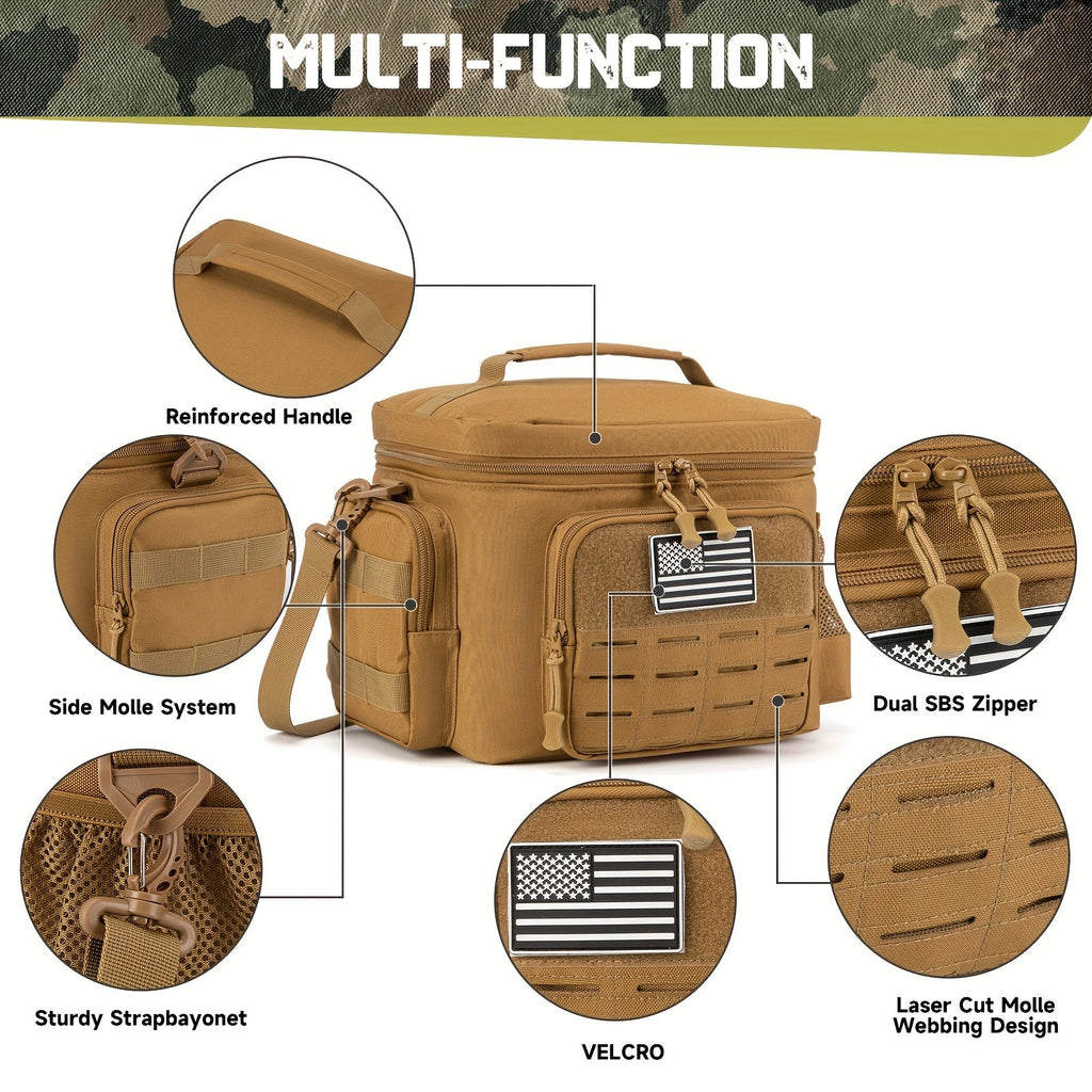 13L Tactical Lunch Bag Tote with MOLLE Front Panel, Multiple Pockets, Shoulder Strap and Three Colors