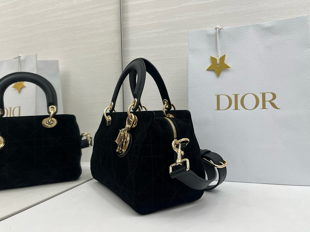 Dior Lady D-Joy Bag Small – Black Velvet Cannage Gold Hardware CD Charm