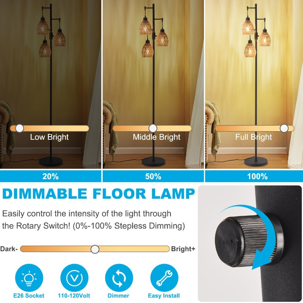 Boho Dimmable 3-Light Stepless Dimming Standing Lamp, Dining Room Warm Bohemian Home Lighting, Rattan Floor Lamp