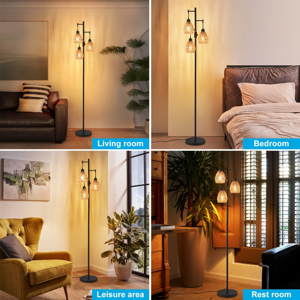 Boho Dimmable 3-Light Stepless Dimming Standing Lamp, Dining Room Warm Bohemian Home Lighting, Rattan Floor Lamp