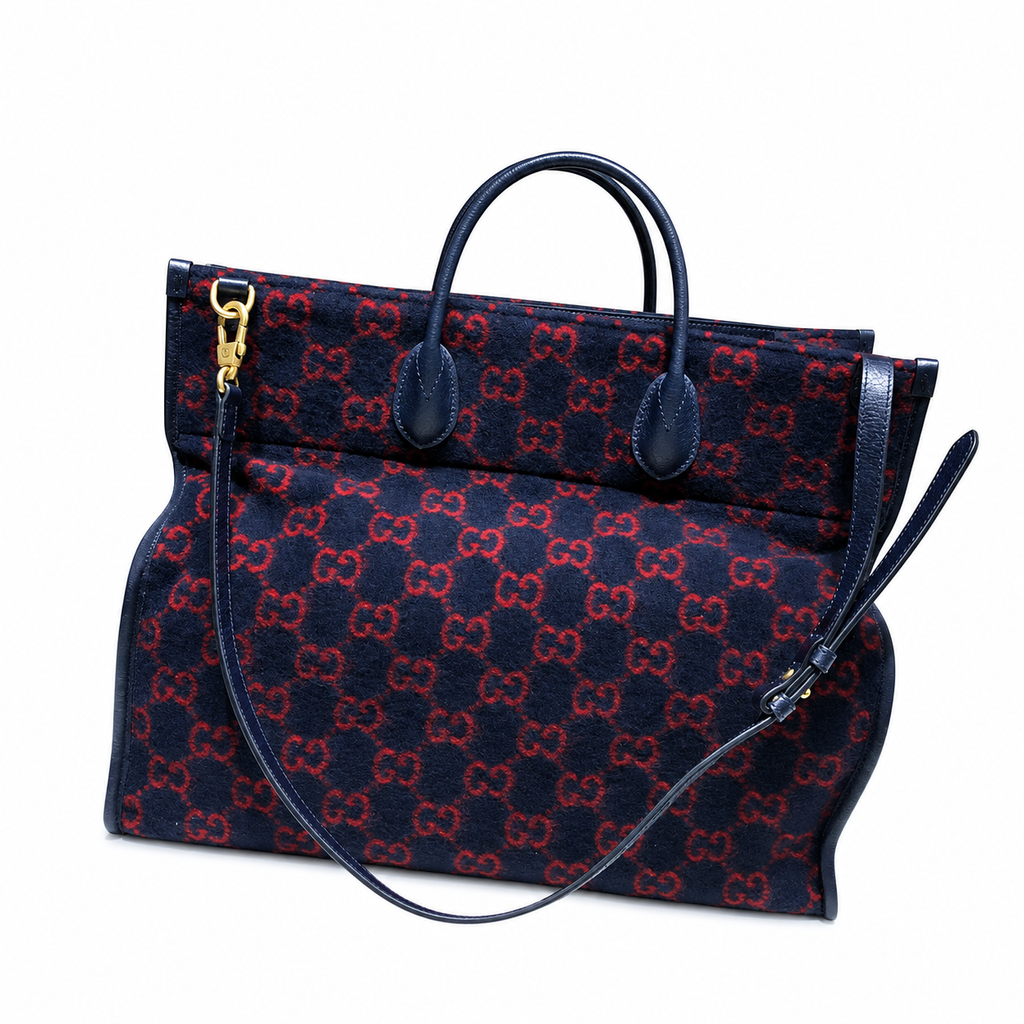 Gucci GG Wool Jacquard Large Tote Bag – Navy Blue & Red