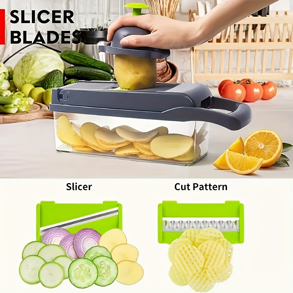 16-in-1 Vegetable Chopper Set with 8 Interchangeable Blades, Manual Food Chopper with Container, Peeler & Filter for Onion