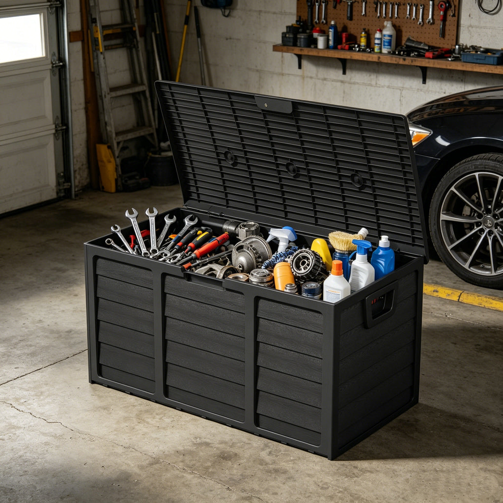 75 Gallon Outdoor Storage Box Deck Box with Handles | Large Waterproof Lockable Cabinet for Pool Accessories, Garden Tools & Camping Gear – Easy Assembly Yard Storage Bin, Pure Black