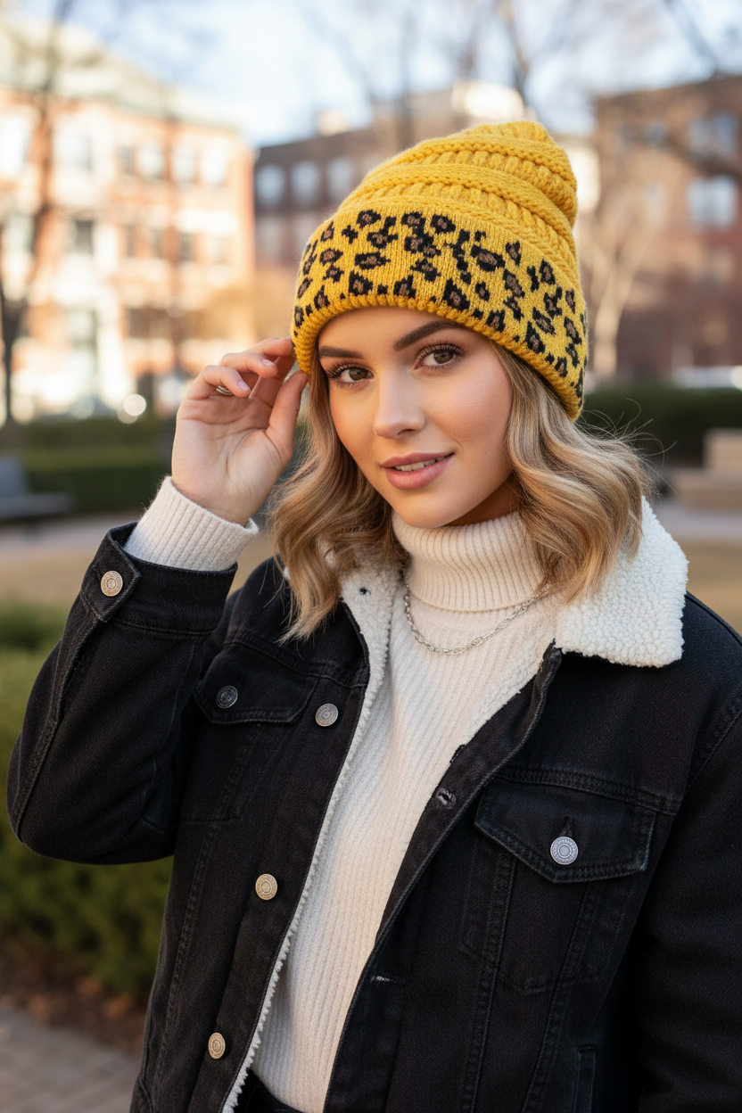 Tarver Beanie mit Leopardenmuster und Umschlag, Zopfstrick – warm, winddicht, 10 Farben