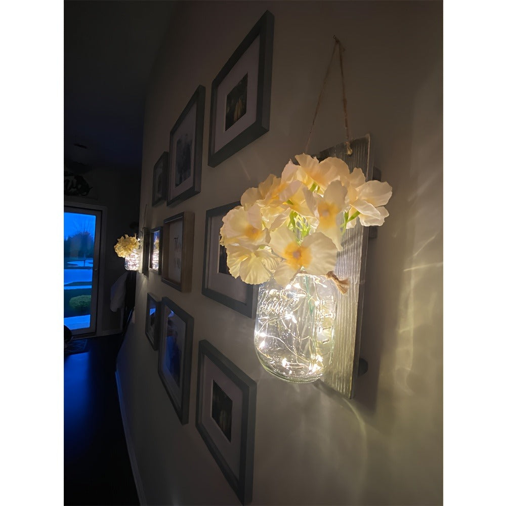 Mason Jar Wall Sconces Set of 2 - Rustic Farmhouse Wall Decor with Ivory Hydrangea Flowers