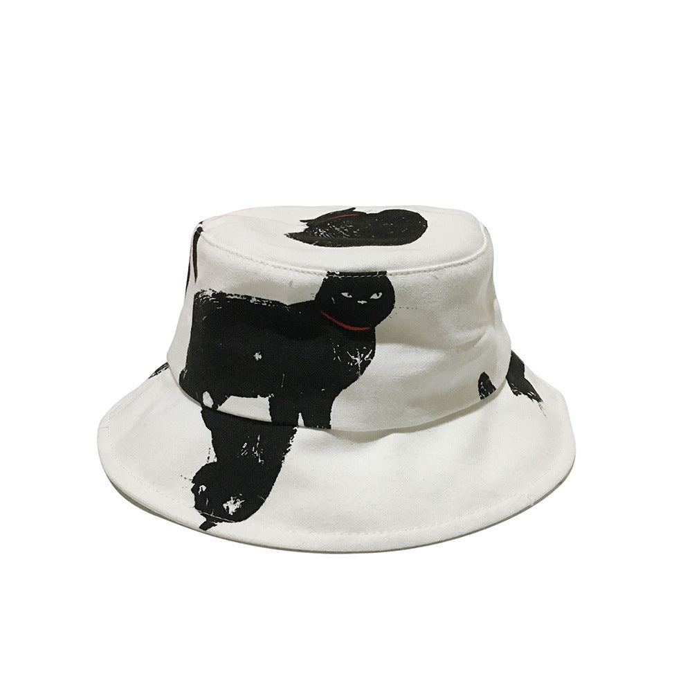 Henderson Black Cat Print Cotton Linen Bucket Hat – Flat Brim, Unisex