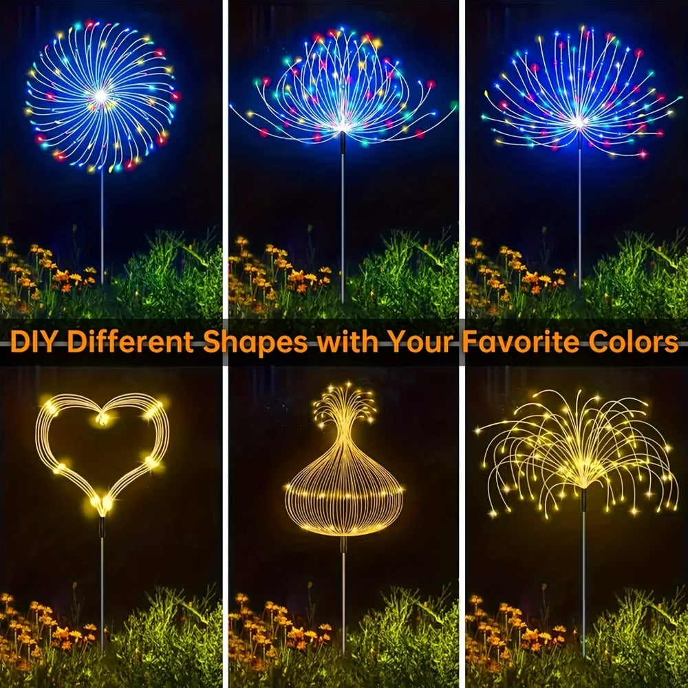 Solar Garden Lights, Four-Pack Firework-Style Outdoor Stakes with Eight Modes and Multicolor LEDs