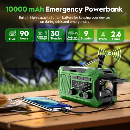 10000mAh AM/FM Emergency Radio with Solar Panel, Hand Crank, Reading Light and Yellow or Green Case