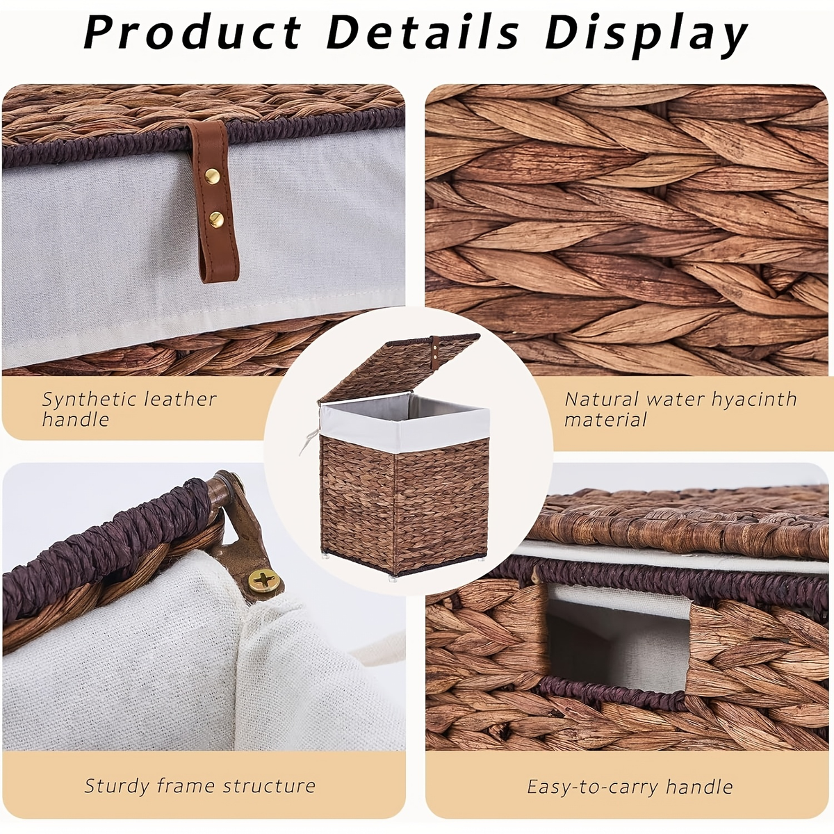 Laundry Basket with Lid & Handles - Handwoven Water Hyacinth Wicker Hamper, Removable Cotton Liner