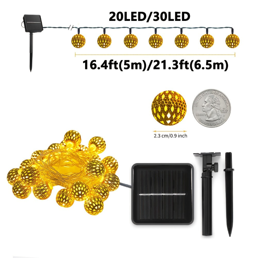 Moroccan Solar String Lights Outdoor - Metal Sphere Fairy Lights with 20/30/50 LED Beads, 8 Modes