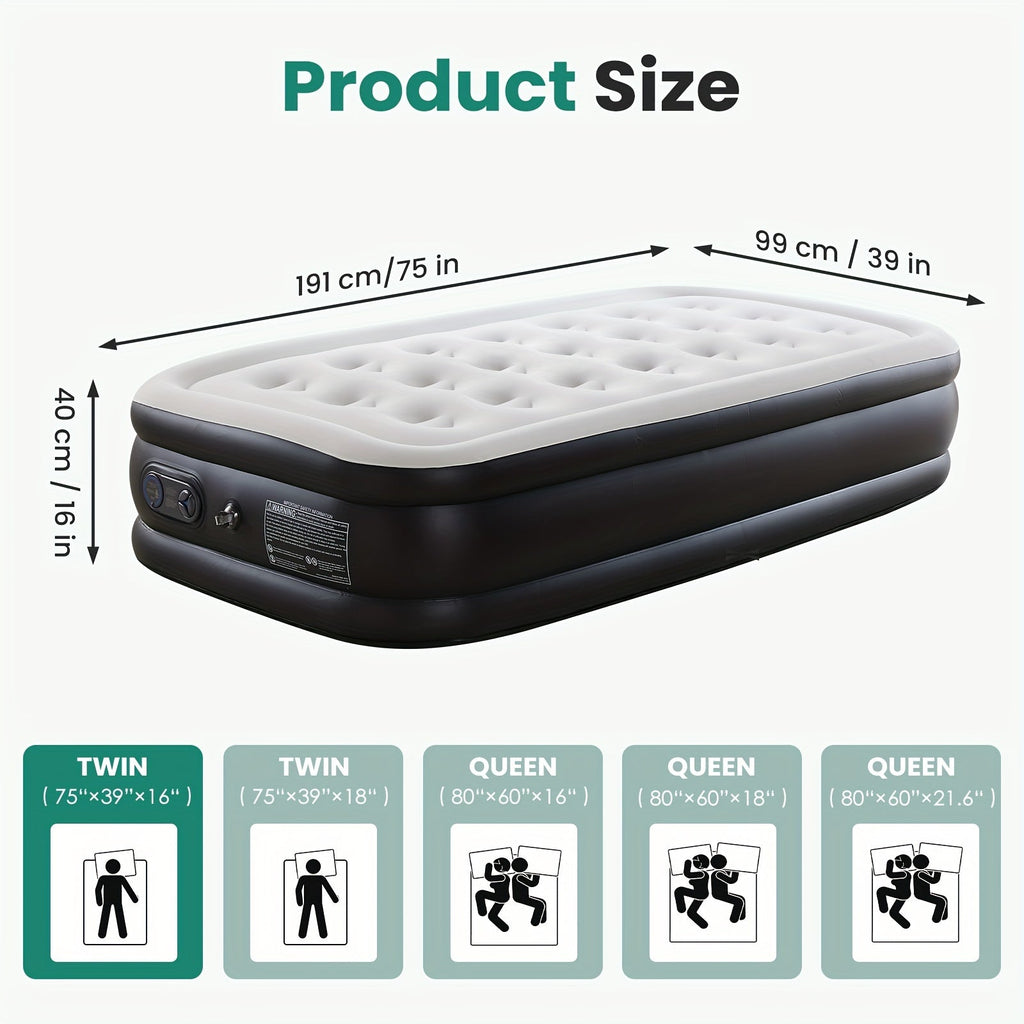 Air Mattress with Double-Height Profile and Side Inflation Panel in 75 × 39 or 80 × 60-Inch Options