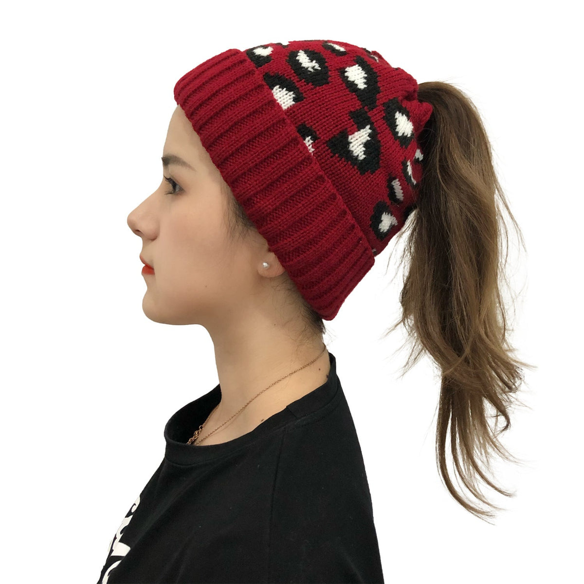 Chambers Damen-Beanie aus Jacquard-Wollstrick mit Leopardenmuster – mit Umschlag, 5 Farben