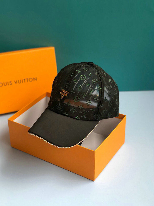 Luxury Black Monogram Mesh Baseball Cap with Crystal Brim & Gold Logo Charm