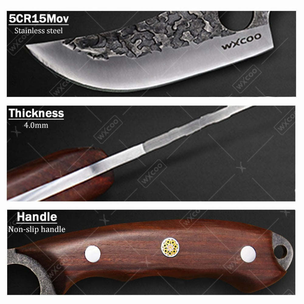 Kitchen Knife Set by WXYCOO, 3- or 4-Piece 5Cr15MoV Steel Hammered Blades with Curved Wood Handles