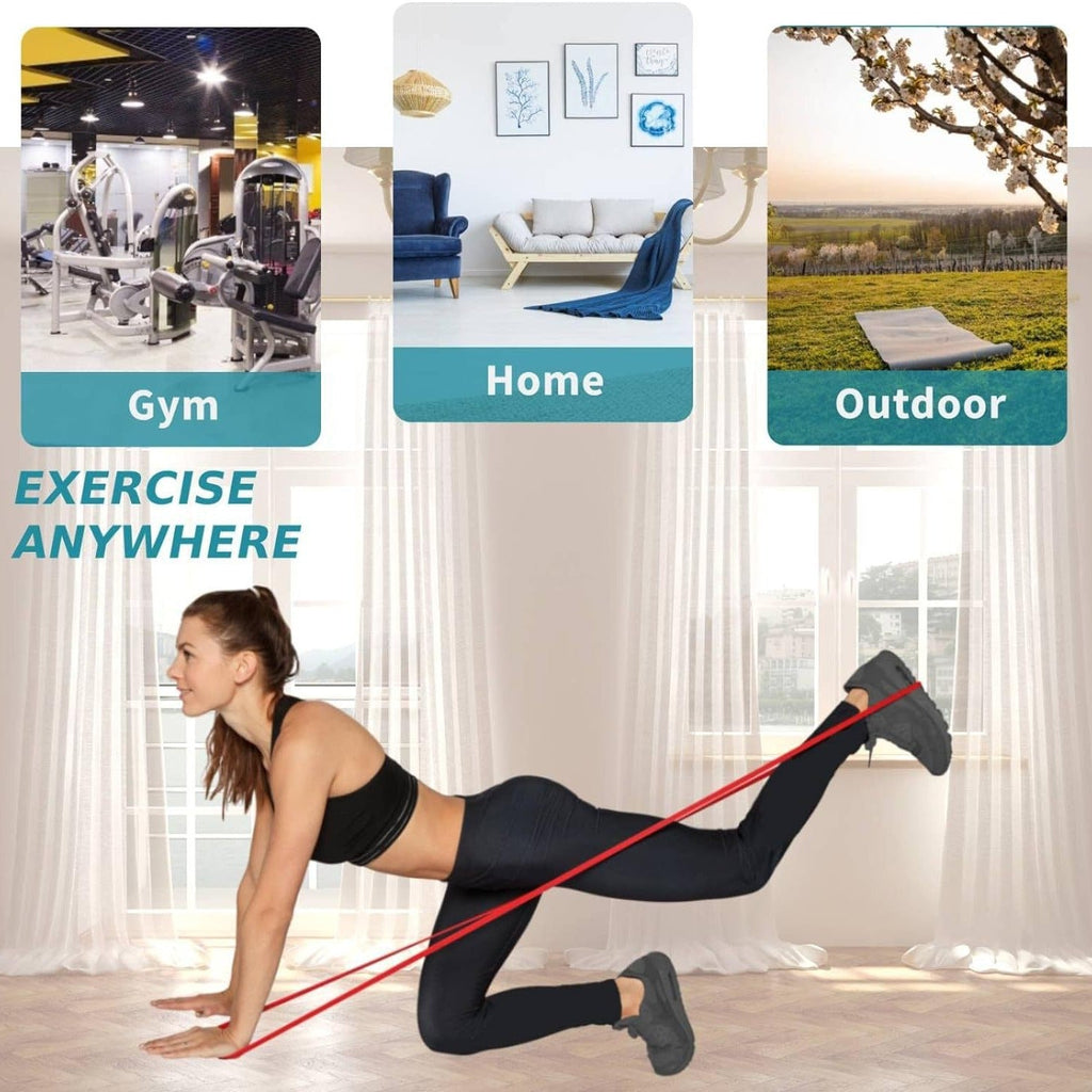 Four-Piece Mixed-Color Long Loop Resistance Band Set with Drawstring Bag and Pictured 5-125 lb Labels