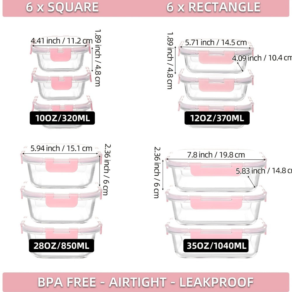 Glass Food Storage Containers for Meal Prep, Airtight Borosilicate Kitchen Boxes, Microwave and Freezer Safe