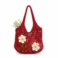 Women's Red Crochet Hobo Bag with Daisy Flower Appliqués