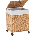 Laundry Basket with Lid & Handles - Handwoven Water Hyacinth Wicker Hamper, Removable Cotton Liner