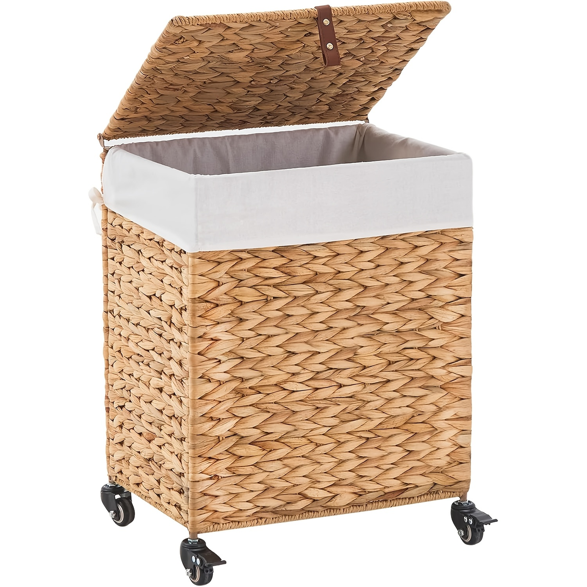Laundry Basket with Lid & Handles - Handwoven Water Hyacinth Wicker Hamper, Removable Cotton Liner