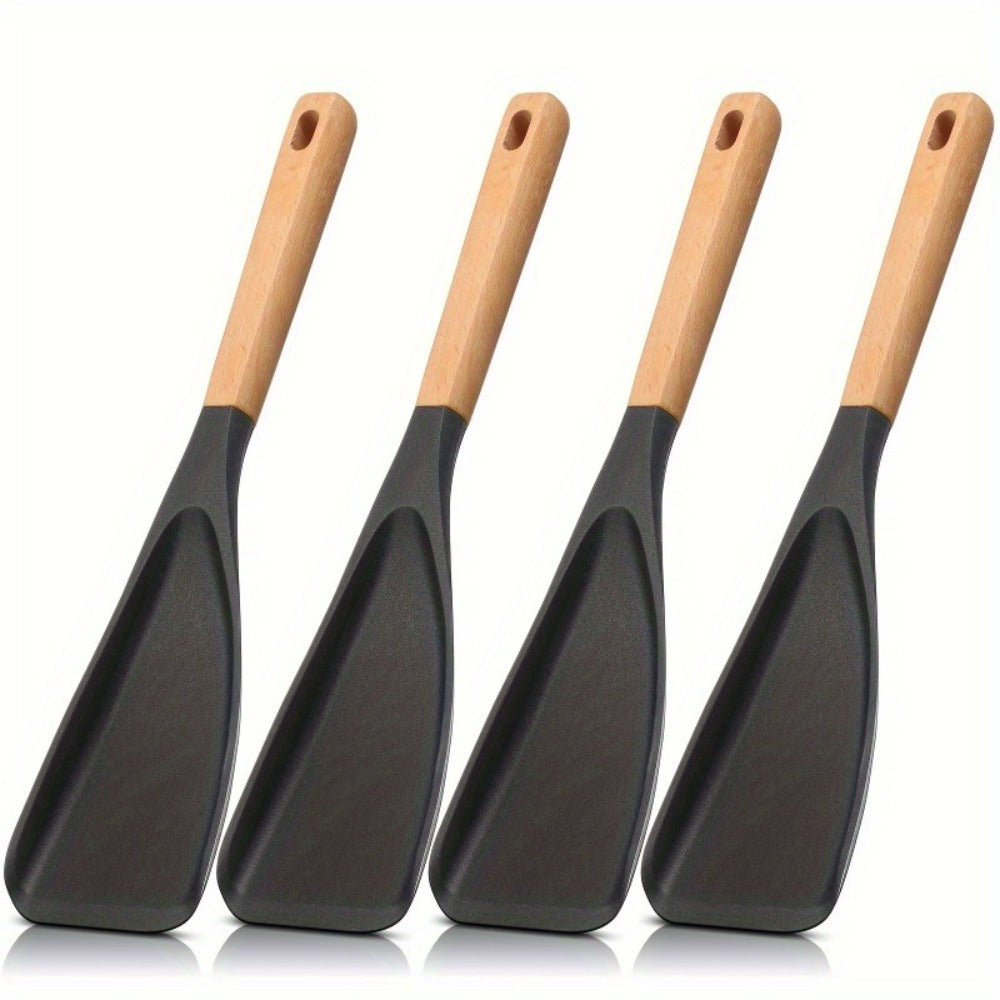 Silicone Cooking Spoon with Wooden Handle 12 Inch - Heat Resistant Nonstick Safe Kitchen Spoon for Cooking Serving Mixing Scraping
