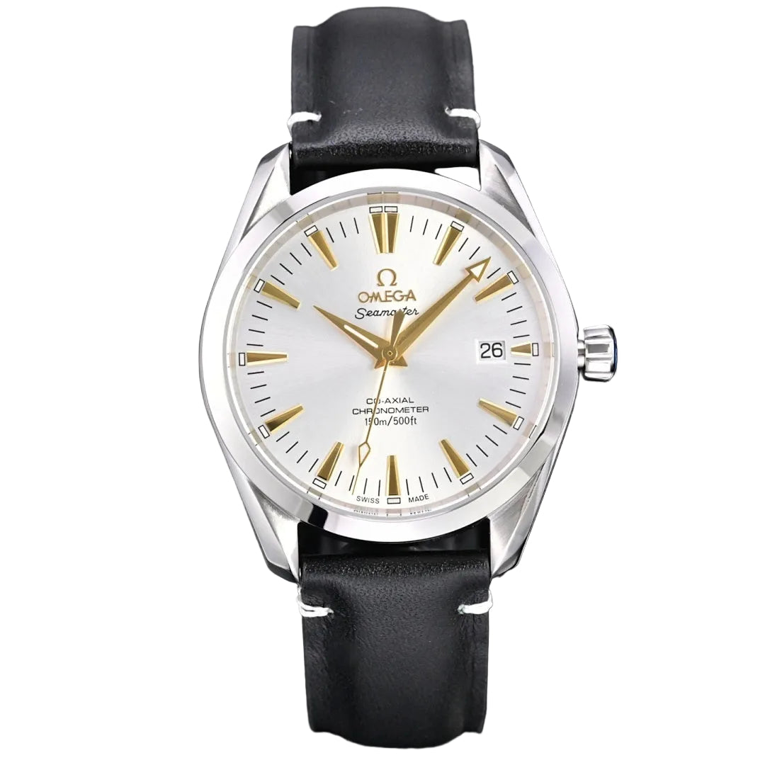 Omega Seamaster Aqua Terra – Steel Silver Sunburst Dial Yellow Gold Indices Arrow Hands Date Black Leather Strap