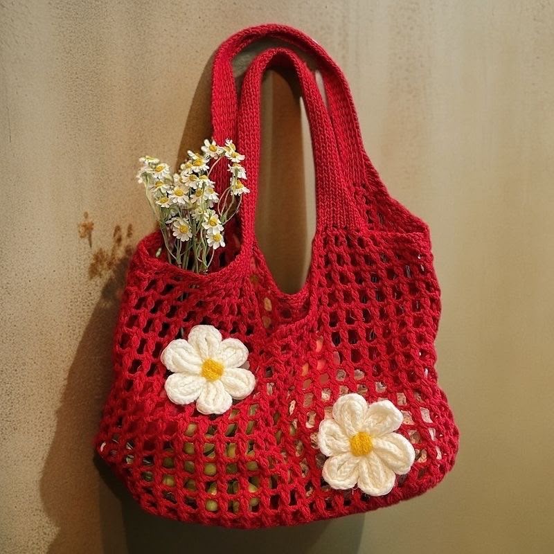 Women's Red Crochet Hobo Bag with Daisy Flower Appliqués