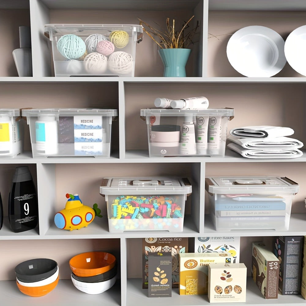 Storage Bins for Small-Item Organization, Six-Pack Clear Stackable Boxes with Brown Latches and Lid Handles