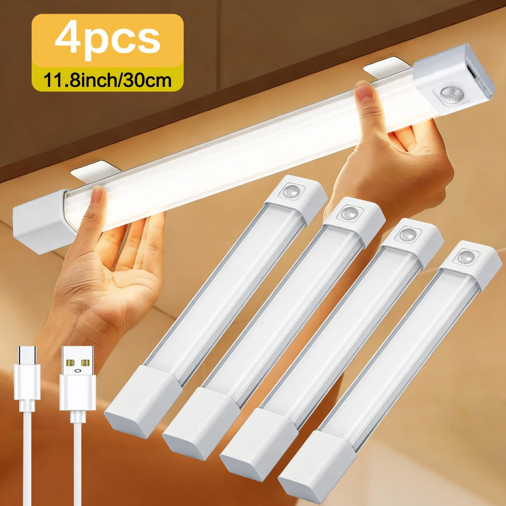 Motion Sensor LED Cabinet Light 4 Pack USB Powered - 3 Color Modes, Wireless Under Cabinet Lighting Bar