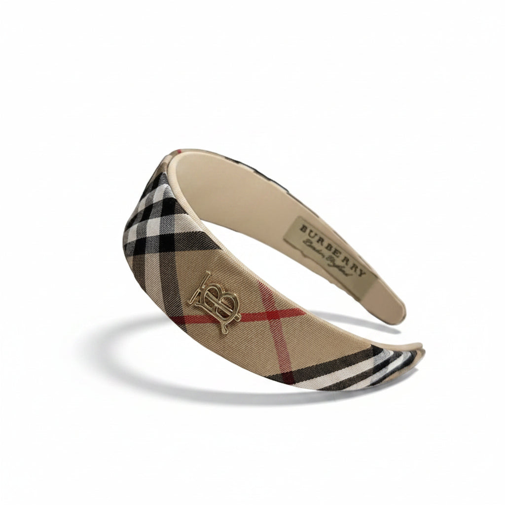 Classic Check Plaid Headband with Gold Monogram Pin