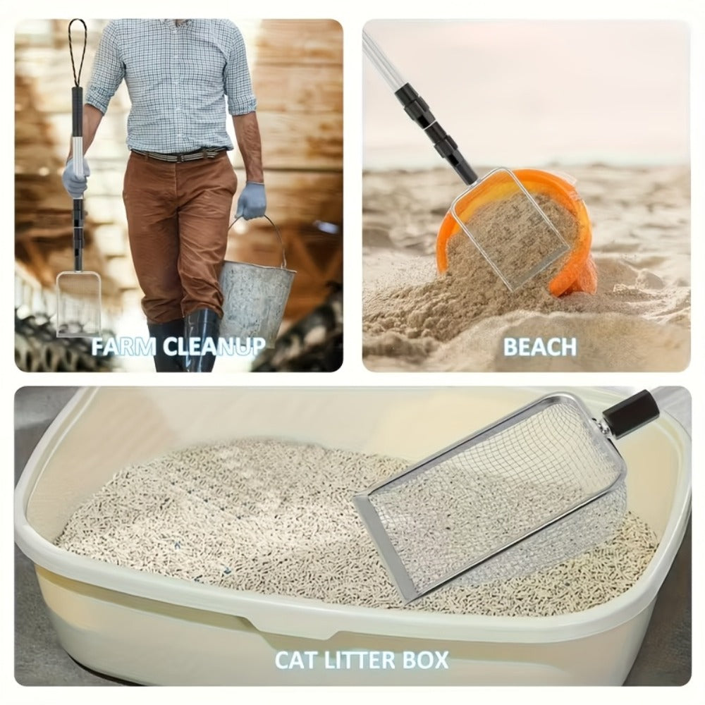 Beach Sand Sifter Scoop Telescopic Handle – Stainless Steel Retractable 3-Section Scoop for Treasure Hunting Shell Collecting Beach Combing Cat Litter Cleaning, 1pc or 2pcs