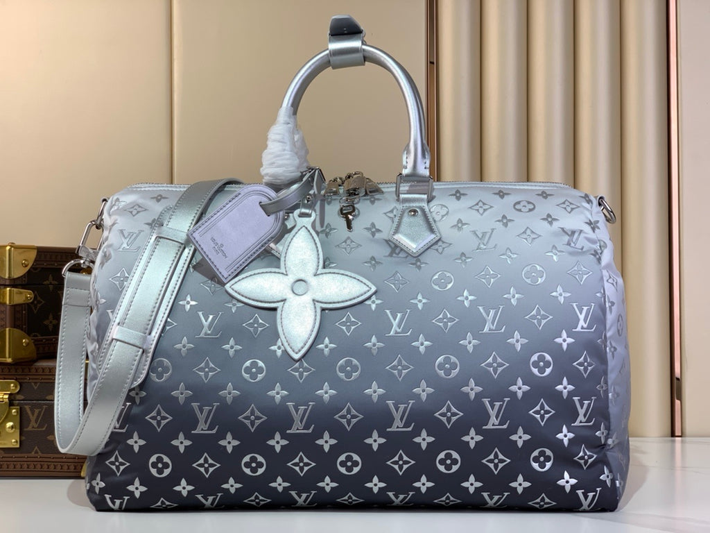 Louis Vuitton Keepall Bandoulière 50 – Silver Grey Gradient Monogram Giant LV Flower Patch