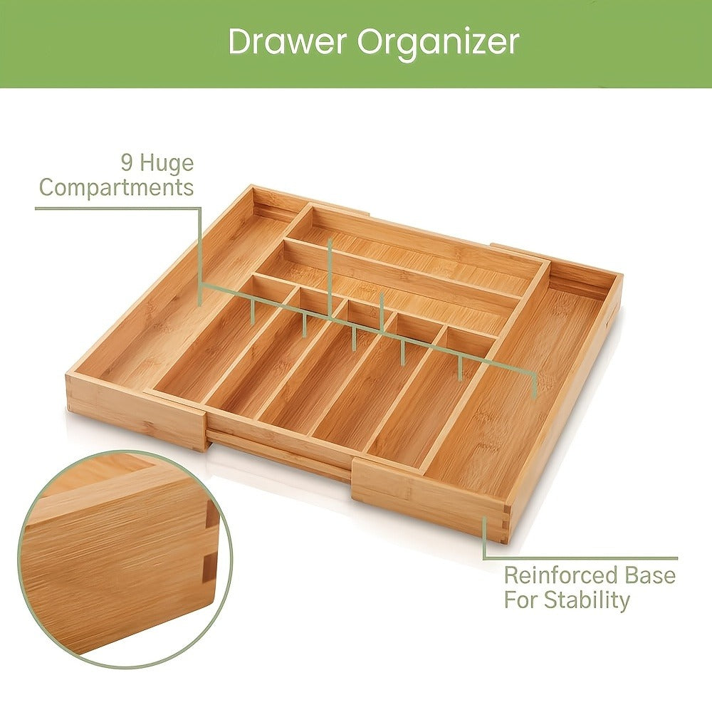 Nine-Compartment Bamboo Drawer Organizer, Expandable Adjustable Silverware and Cutlery Tray for Kitchen Storage