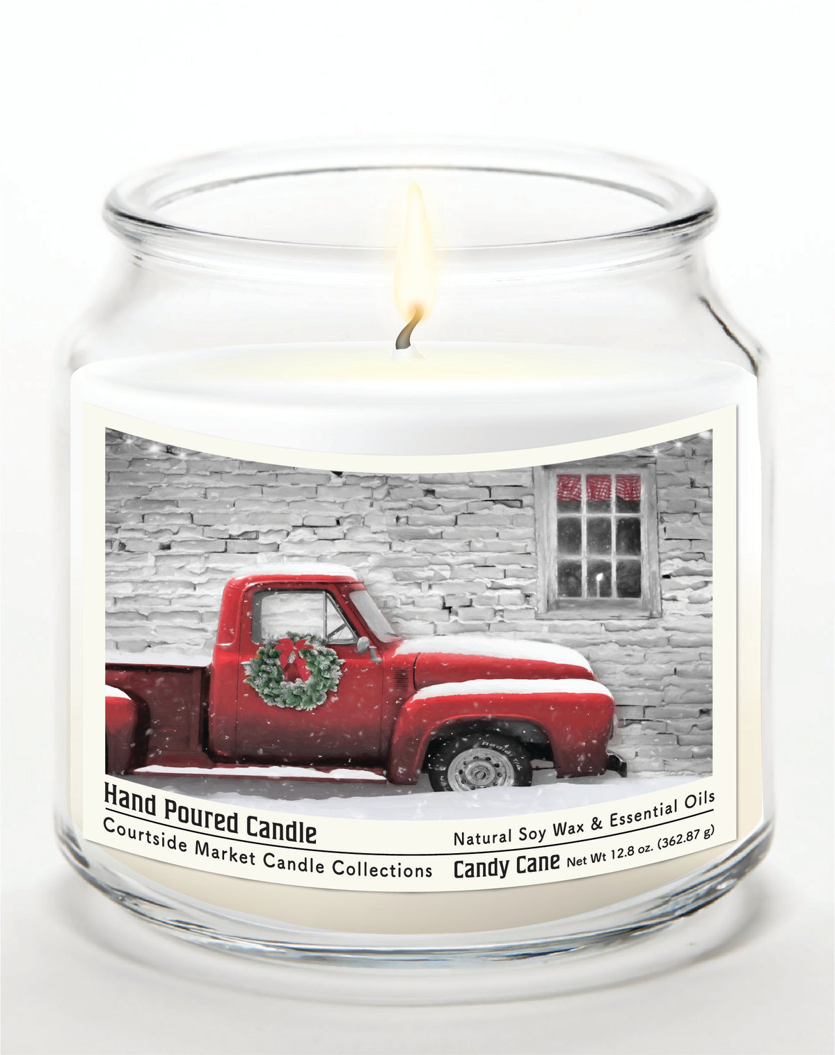 Red Uptruck with Wreath 12.8 Oz Candle Glass Jar with Brushed Silver Metal Lid