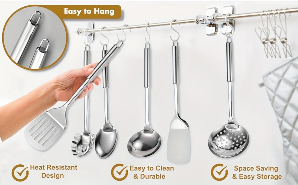 Kitchen Utensils with Hanging Loops, Nine-Piece 304 Stainless Steel Set of Mixed Cooking Tools