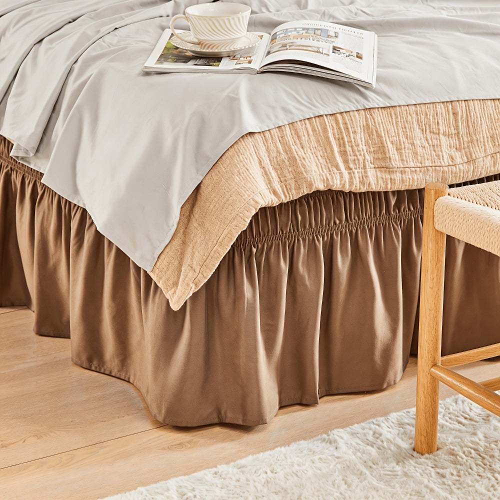 Bed Skirt with Adjustable Elastic Belt - Ruffle Microfiber Dust Ruffle 15 Inch Drop, Hotel Quality, Fade Resistant, Machine Washable, Easy Wrap Fit