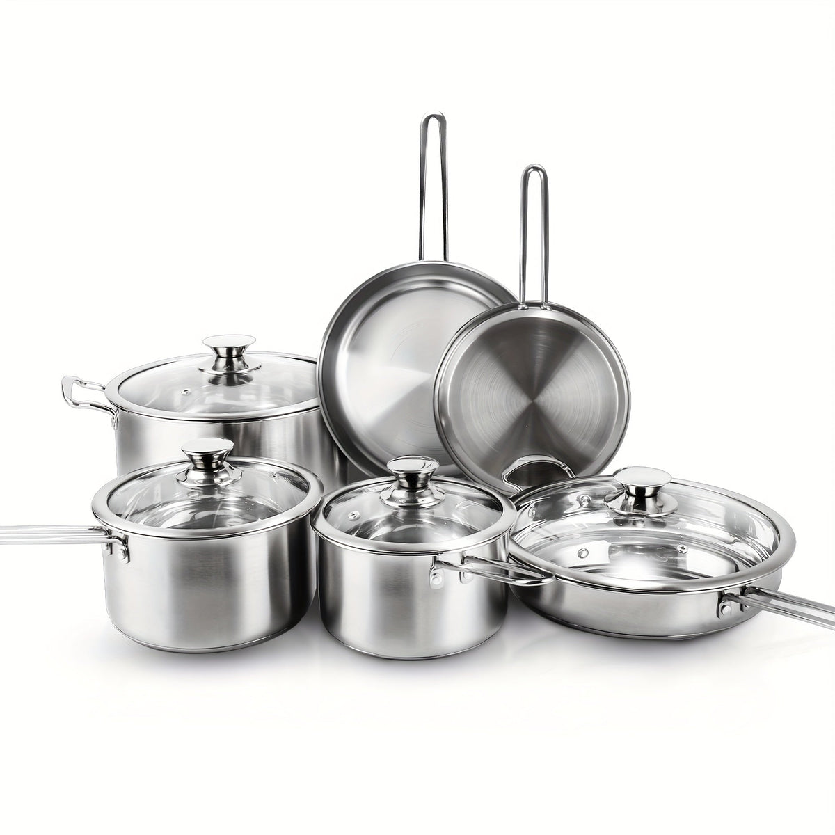 Stainless Steel Cookware Set with 10 Pieces, Three Frying Pans, Three Saucepans and Four Glass Lids
