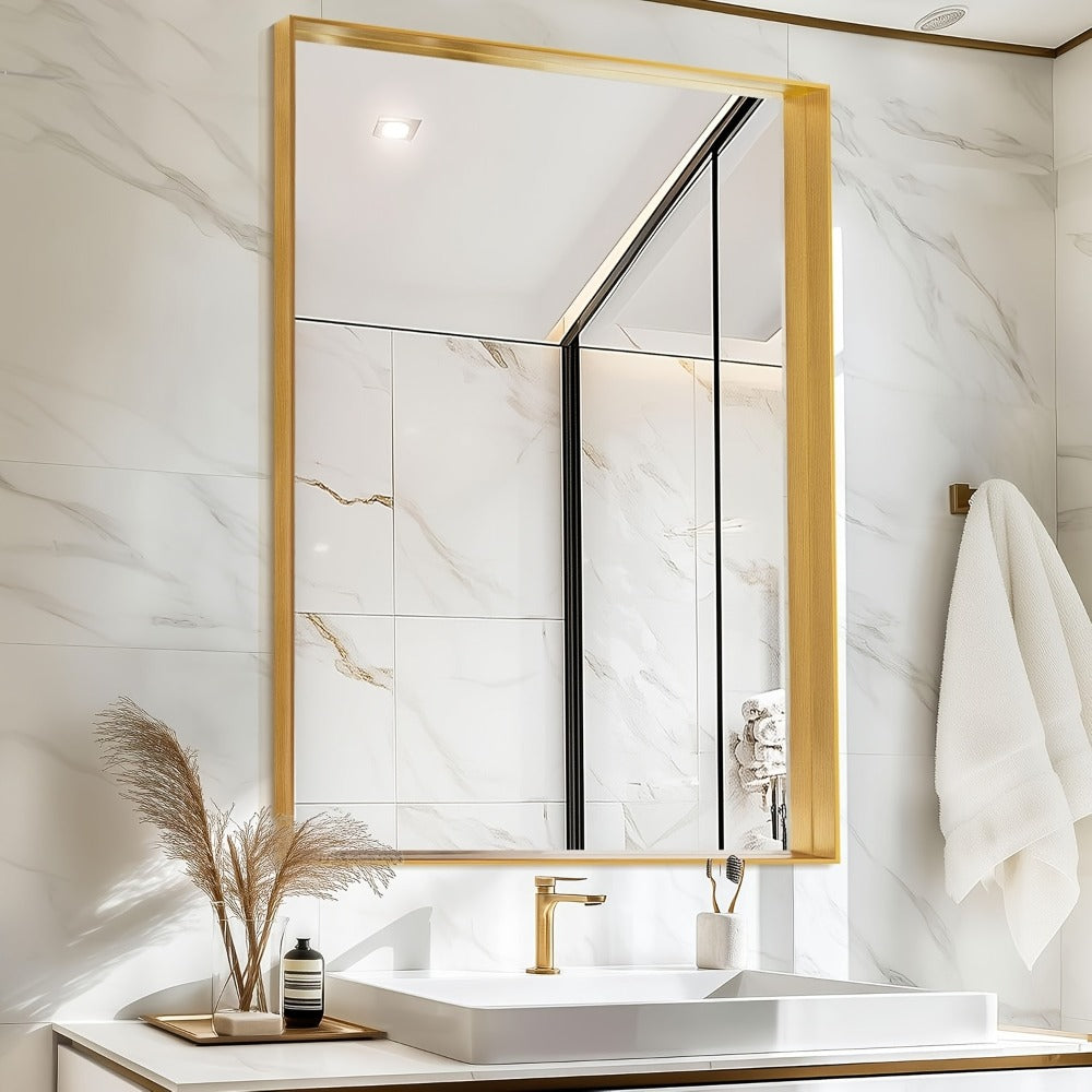 Bathroom Mirror with Rectangular Metal Frame, Horizontal or Vertical Wall Mounting in Three Finishes