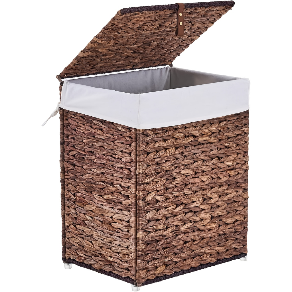 Laundry Basket with Lid & Handles - Handwoven Water Hyacinth Wicker Hamper, Removable Cotton Liner