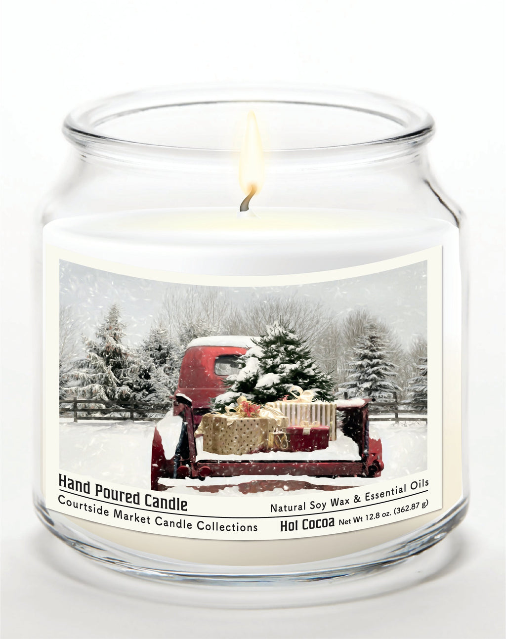 Red Christmas Truck 12.8 Oz Candle Glass Jar with Brushed Silver Metal Lid
