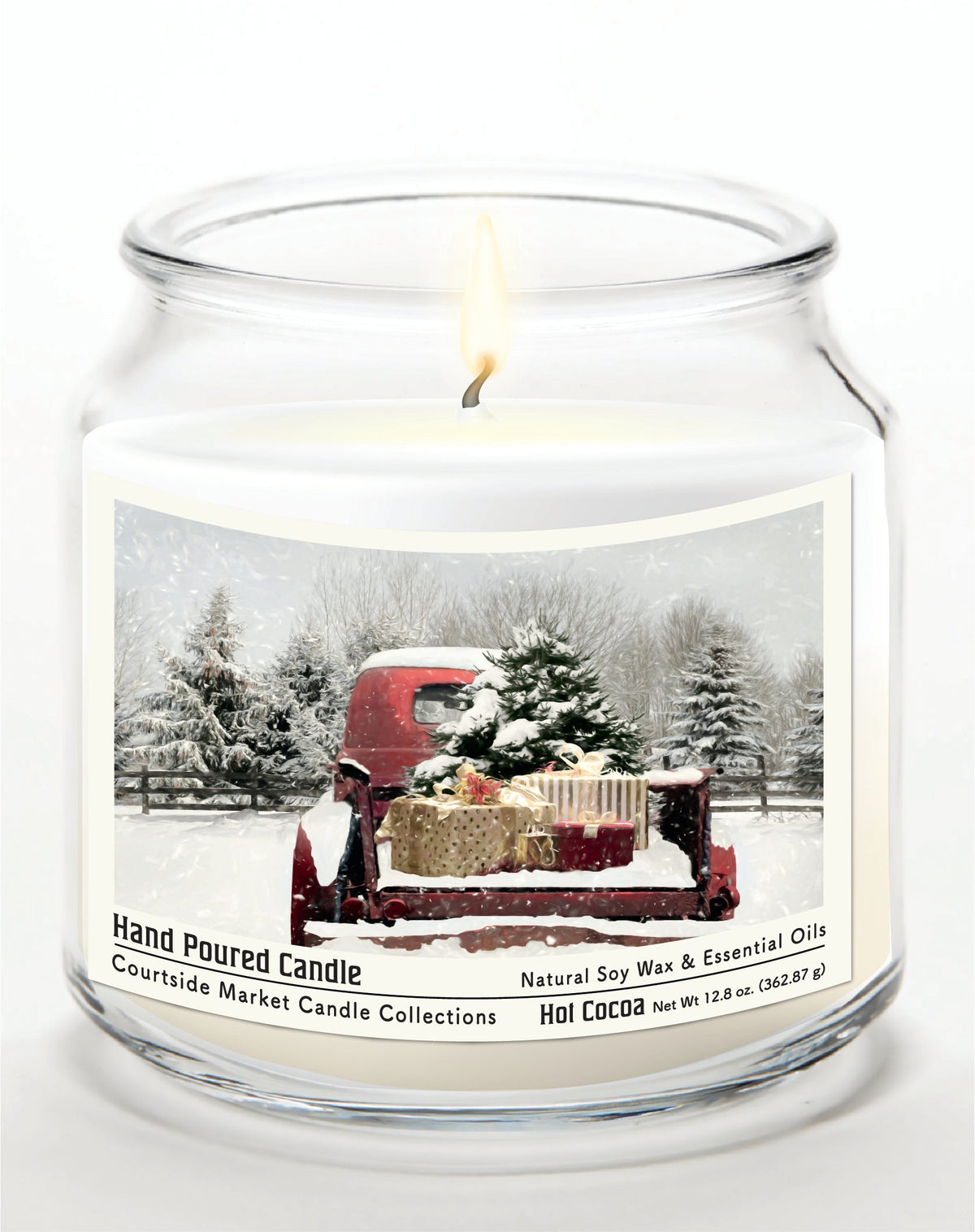 Red Christmas Truck 12.8 Oz Candle Glass Jar with Brushed Silver Metal Lid
