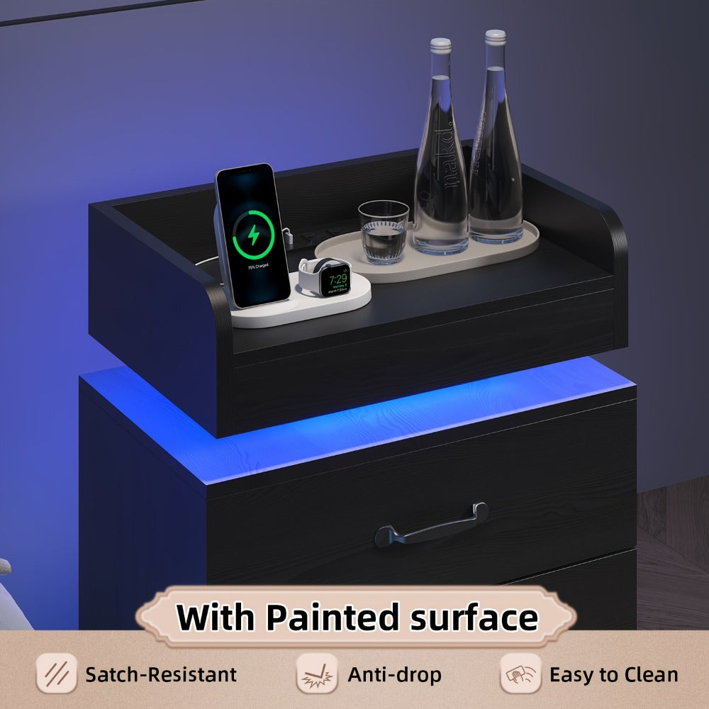 Bedside Table in Black or White in a Tray-Top Two-Drawer Charging Station Nightstand Design with LED Light