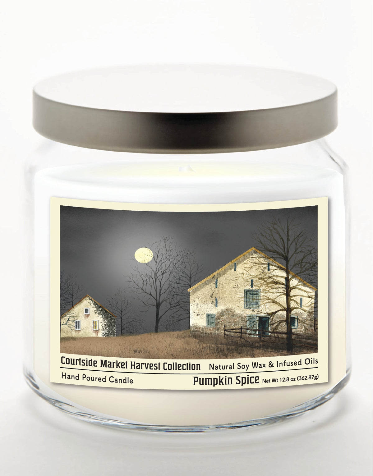 Harvest Collection Farmhouse Full Moon 12.8 Oz Candle Glass Jar with Brushed Silver Metal Lid