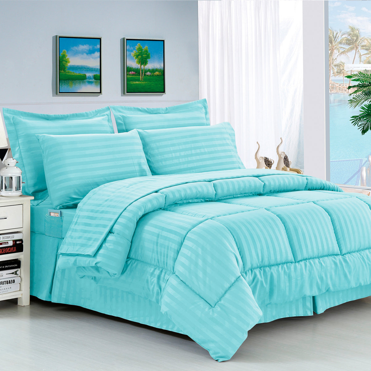 Elegant Comfort 8-Piece Dobby Stripe Comforter Set - Includes 4-Piece Sheet Set with Double Sided Storage Pockets