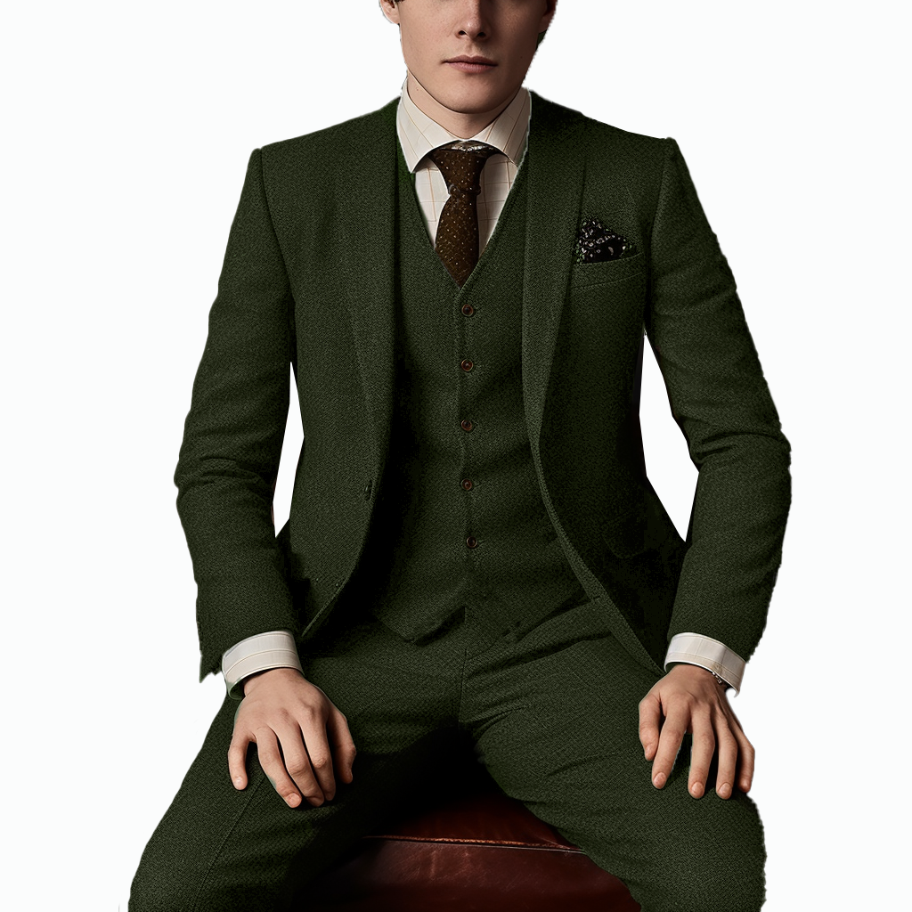 Classic 3 Piece Mens Suit with Tweed and Peak Lapel