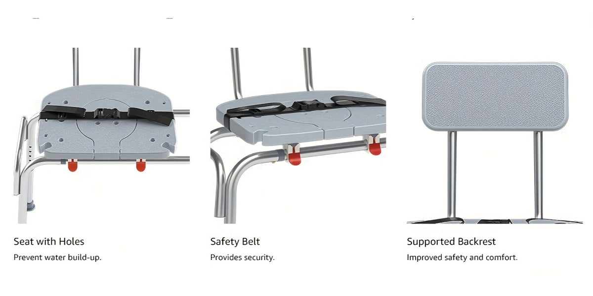 Sliding Bathtub Transfer Bench with Reversible Grey Seat, Safety Rail, Backrest and Adjustable Legs