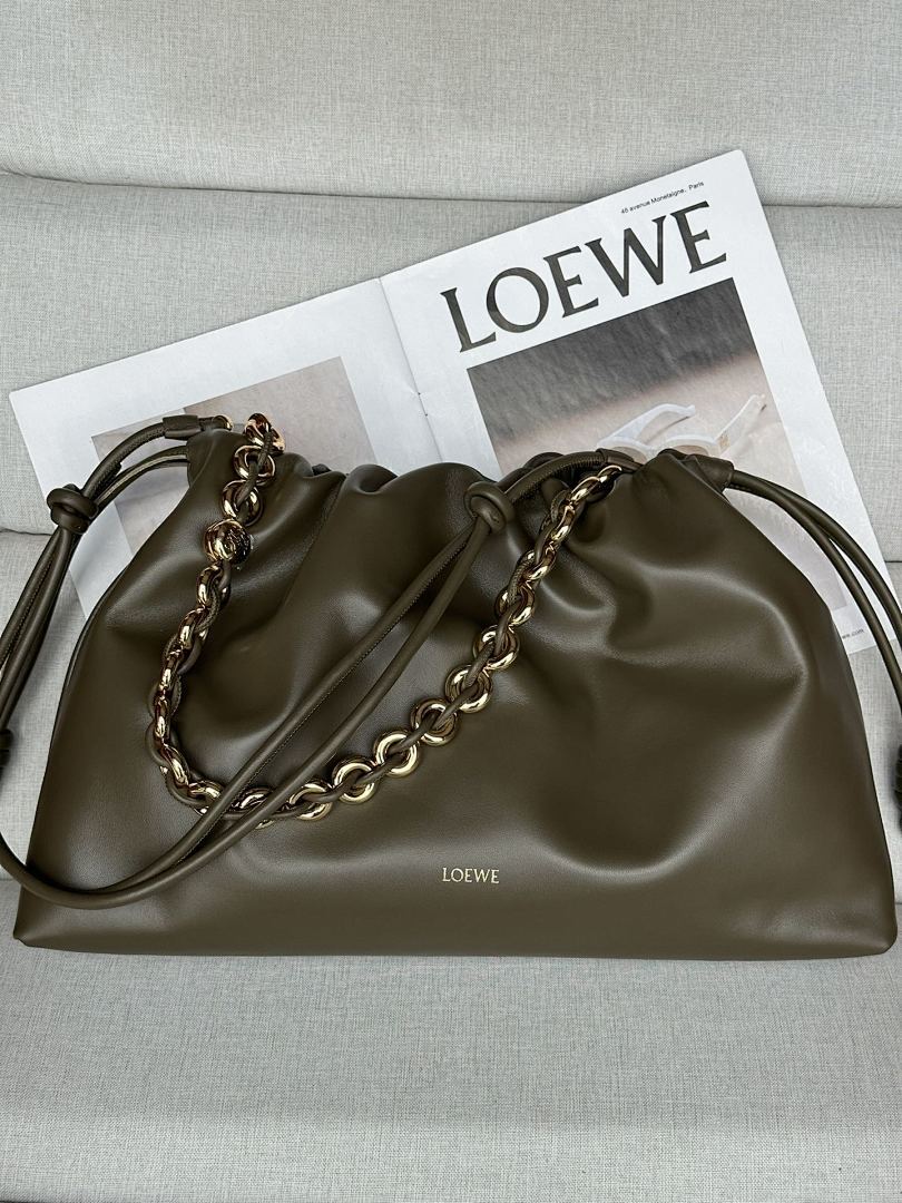Loewe Flamenco Clutch Large – Khaki Olive Nappa Leather Gold Chain Strap