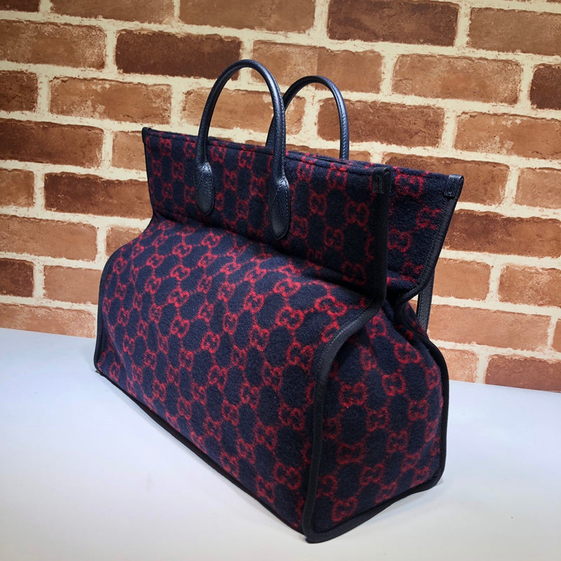Gucci GG Wool Jacquard Large Tote Bag – Navy Blue & Red