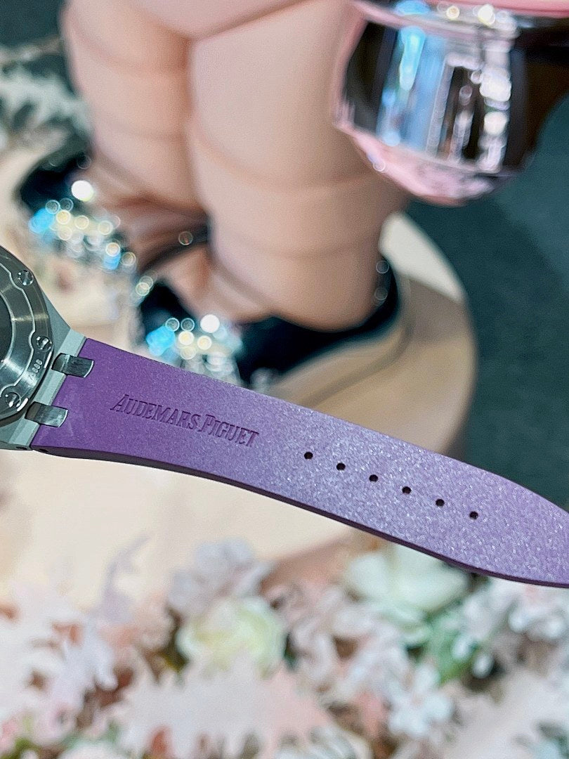Audemars Piguet Royal Oak Offshore Chronograph – Steel Diamond Bezel Purple Mega Tapisserie Dial Date Purple Rubber Strap