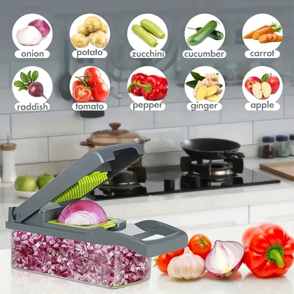 Vegetable Chopper 16-in-1 Manual Food Chopper Set, 8 Stainless Steel Blades, 304 Container, Peeler & Filter