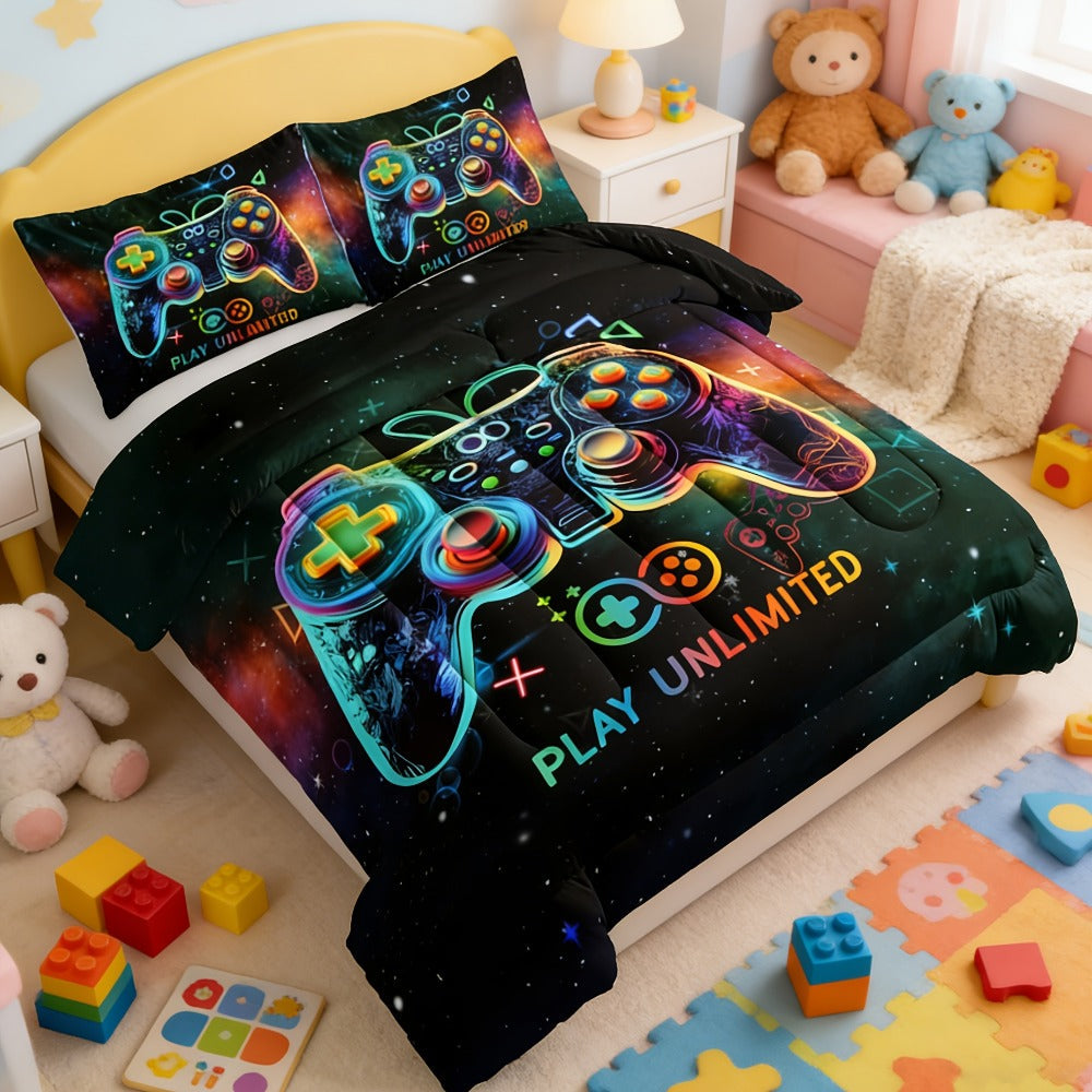 Gaming Controller Print Comforter Set with Two Pillowcases, 180 GSM Fill and Twin, Full, Queen or King Sizes